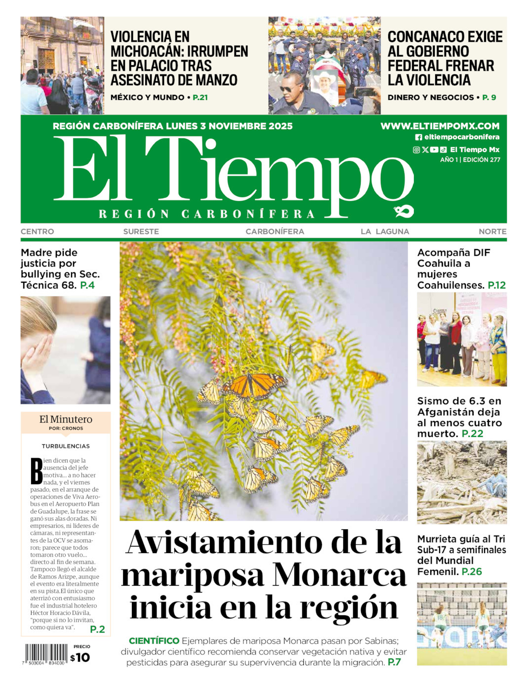El Tiempo Región Carbonífera, edición del lunes 03 de noviembre de 2025