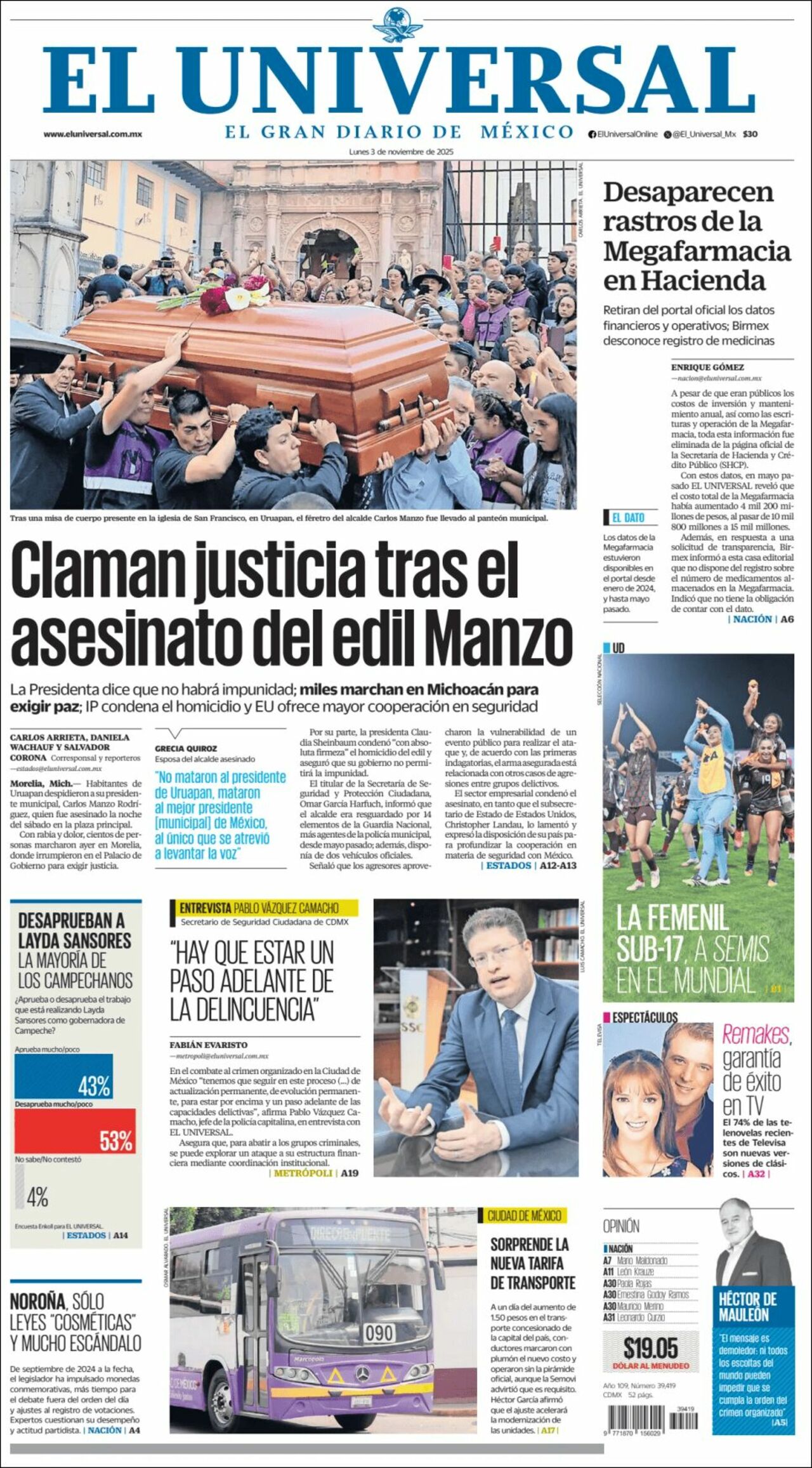 El Universal, edición del lunes 03 de noviembre de 2025