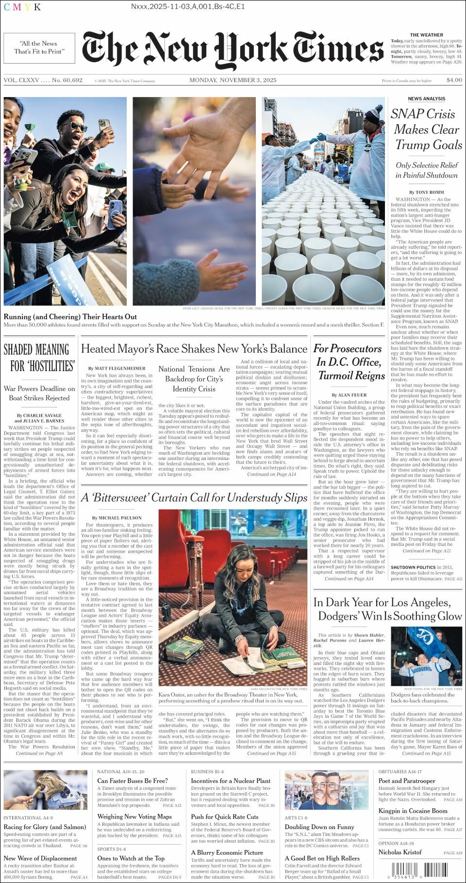 The New York Times, edición del lunes 03 de noviembre de 2025