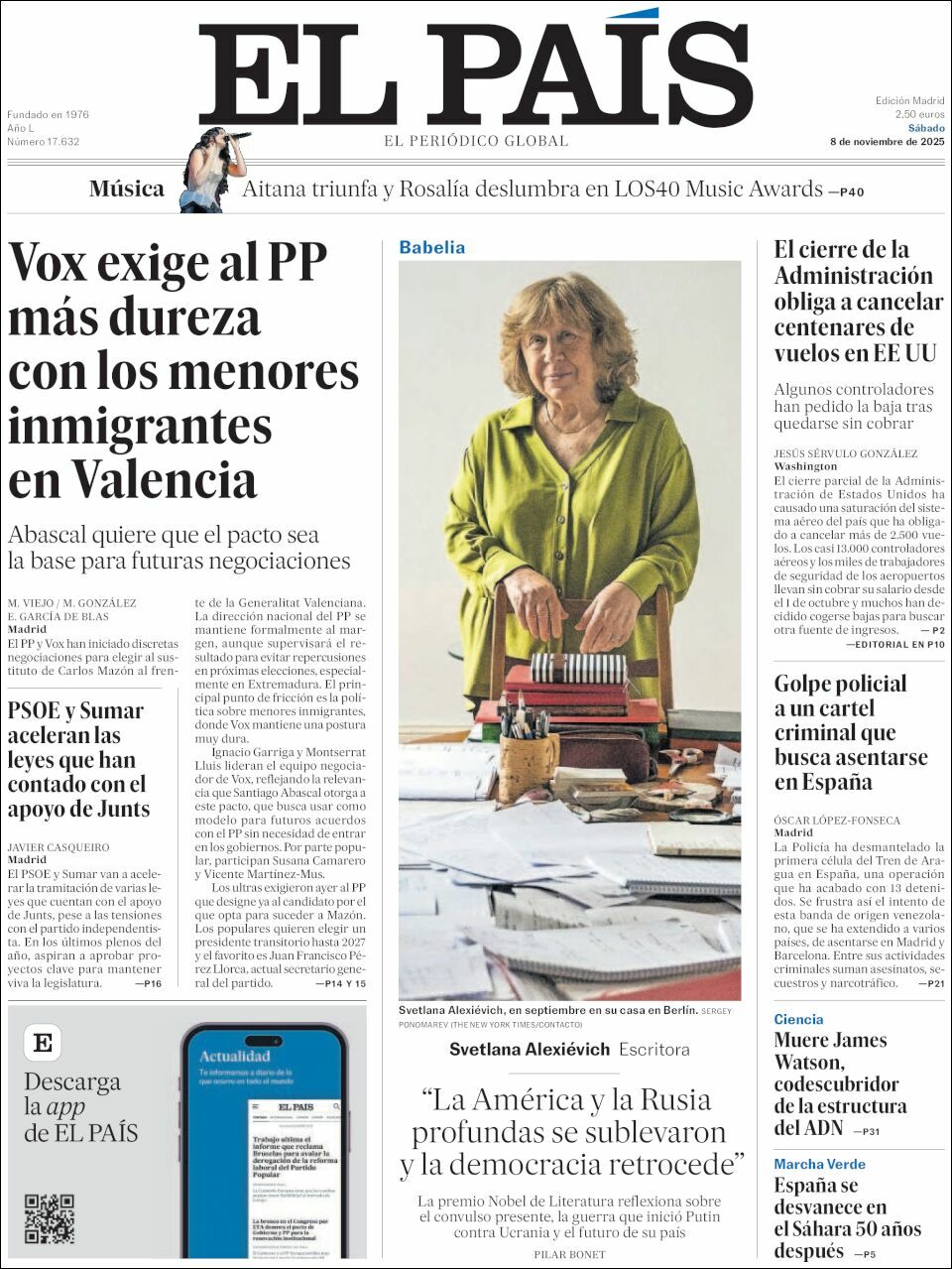 El País, edición del sábado 08 de noviembre de 2025