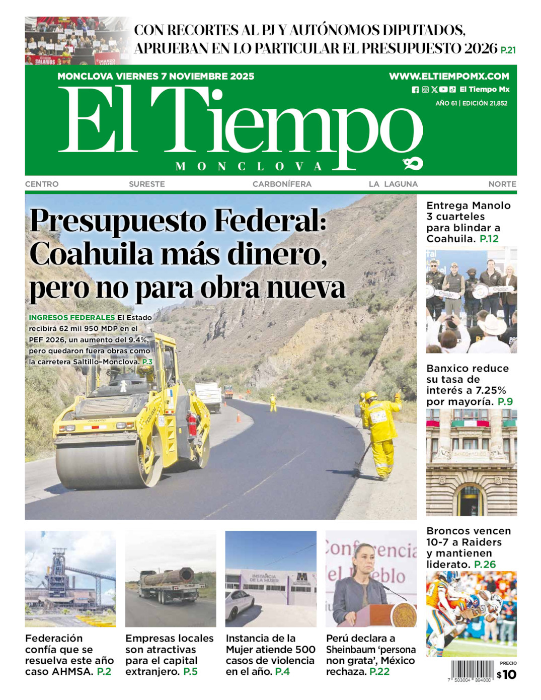 El Tiempo Monclova, edición del sábado 08 de noviembre de 2025