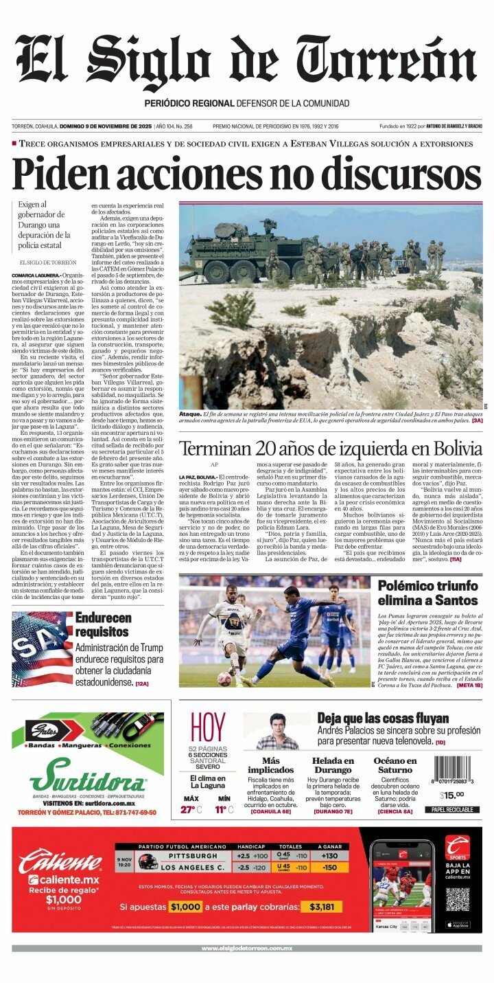 El Siglo de Torreón, edición del domingo 09 de noviembre de 2025