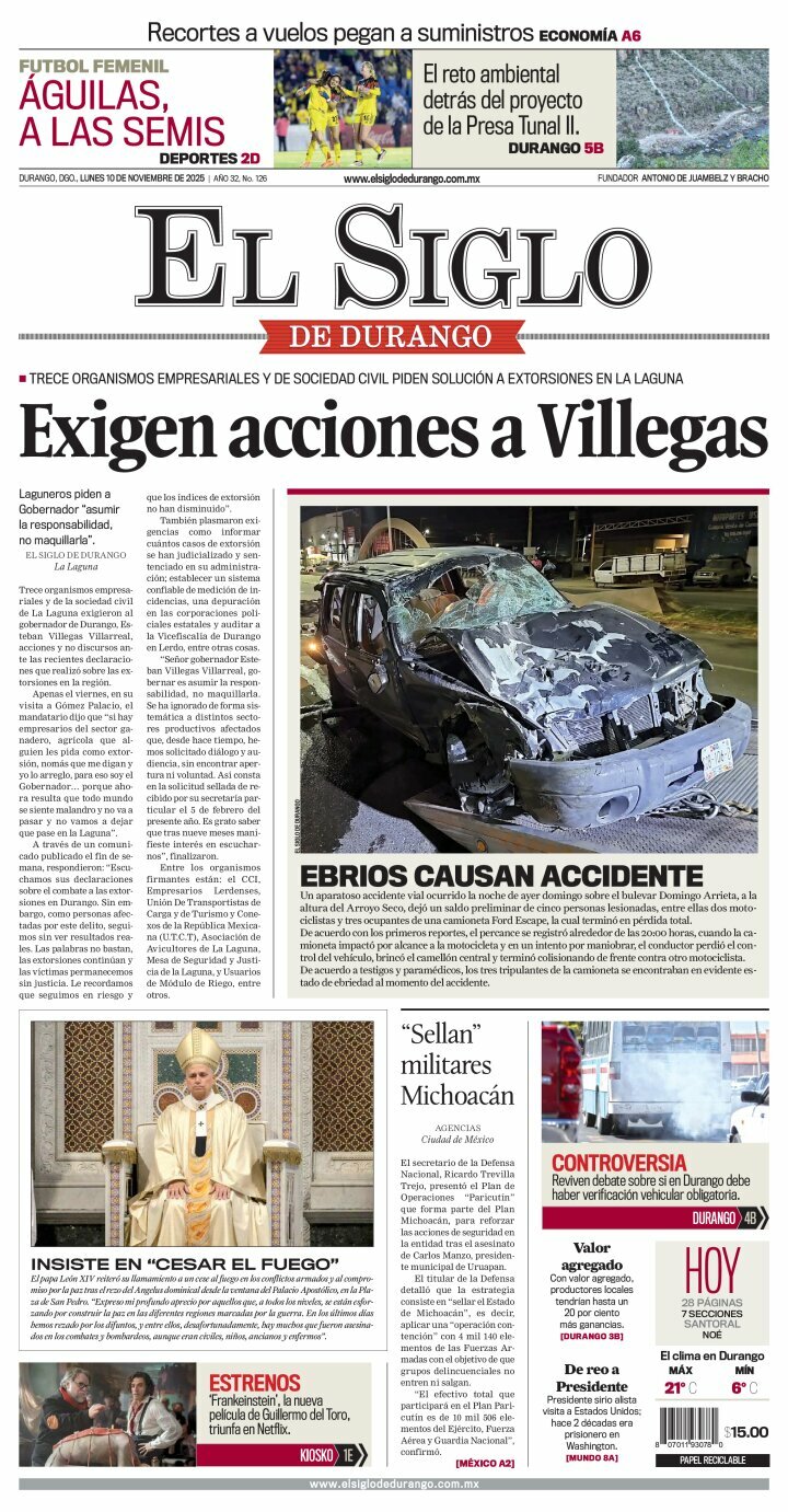 El Siglo de Durango, edición del lunes 10 de noviembre de 2025
