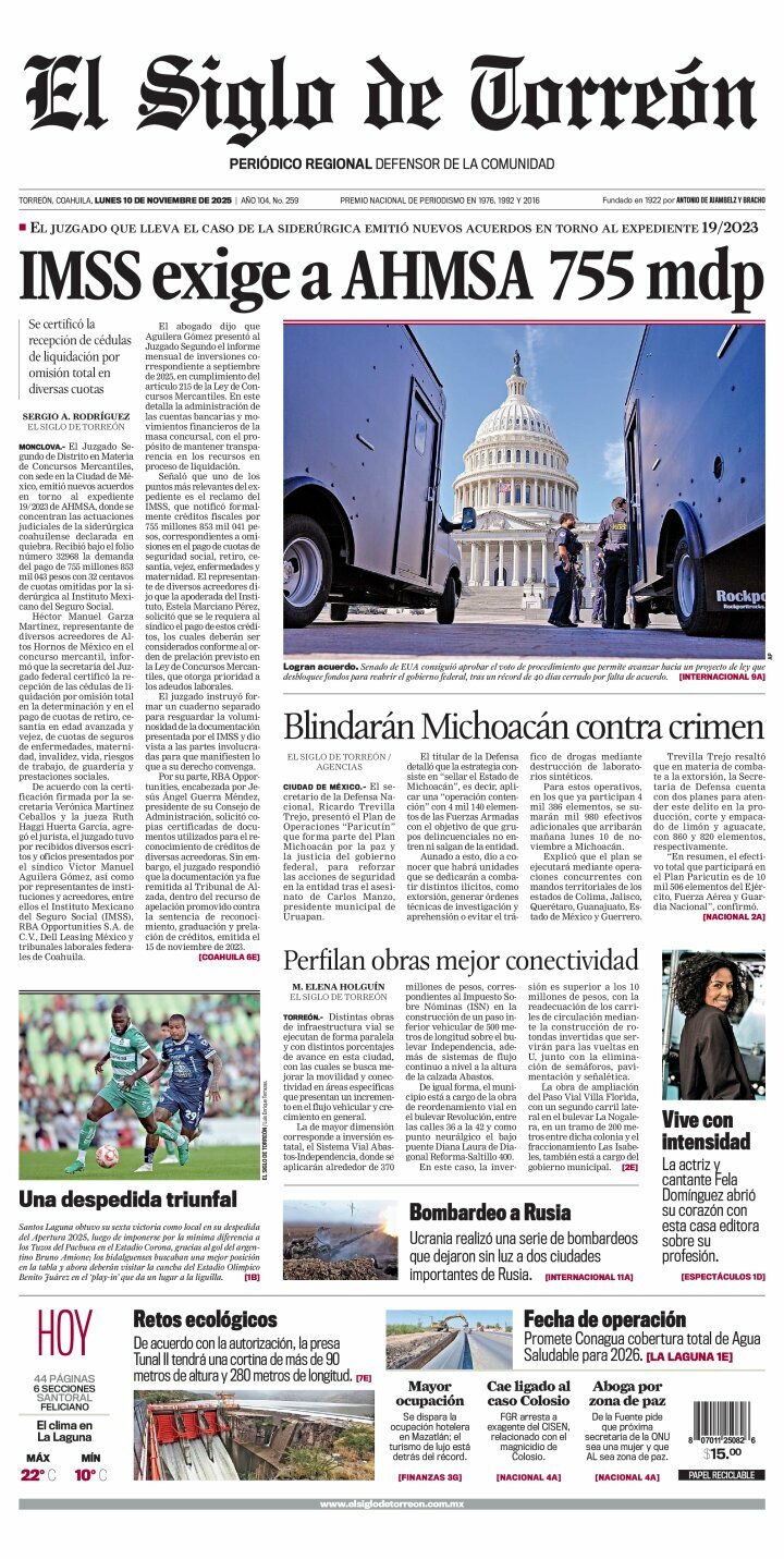 El Siglo de Torreón, edición del lunes 10 de noviembre de 2025