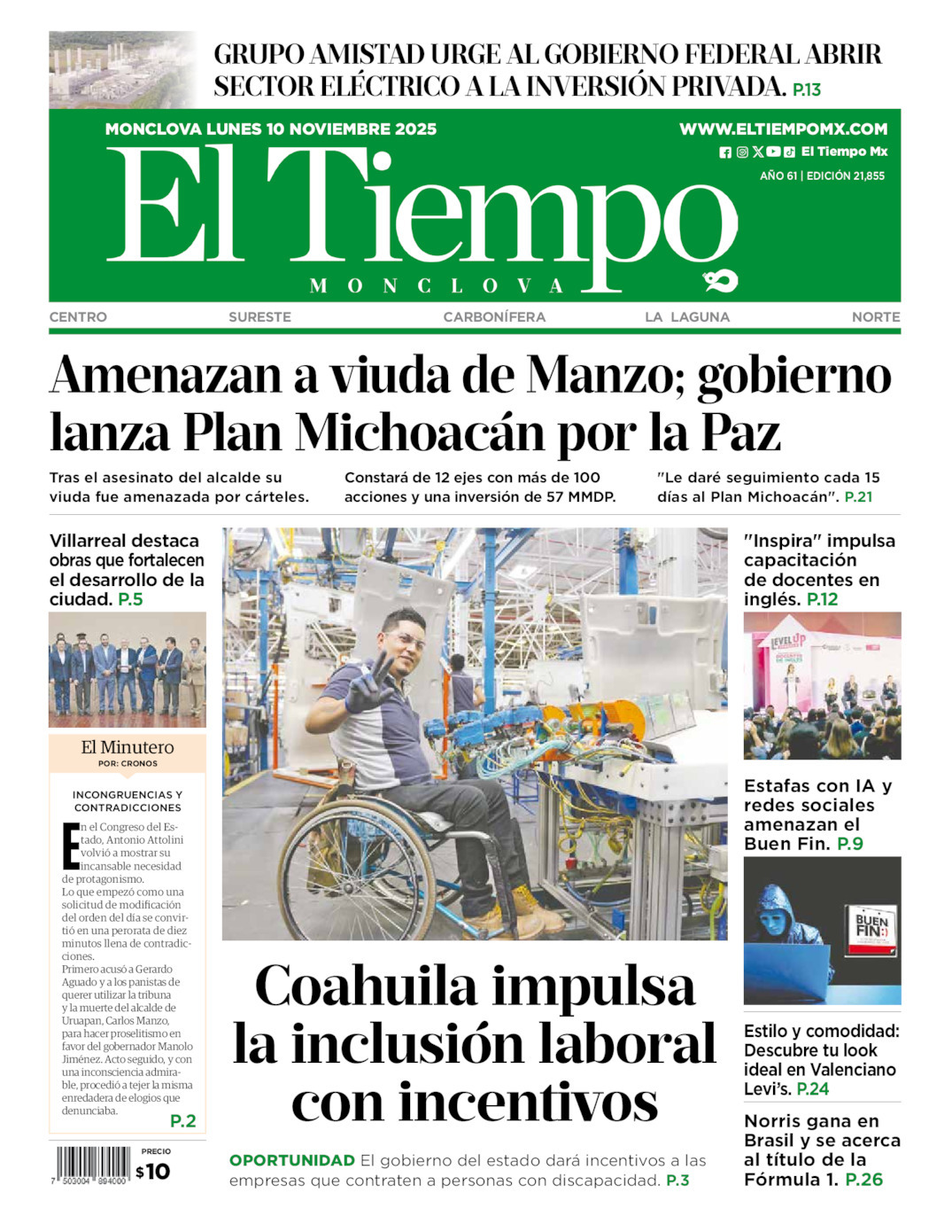 El Tiempo Monclova, edición del lunes 10 de noviembre de 2025