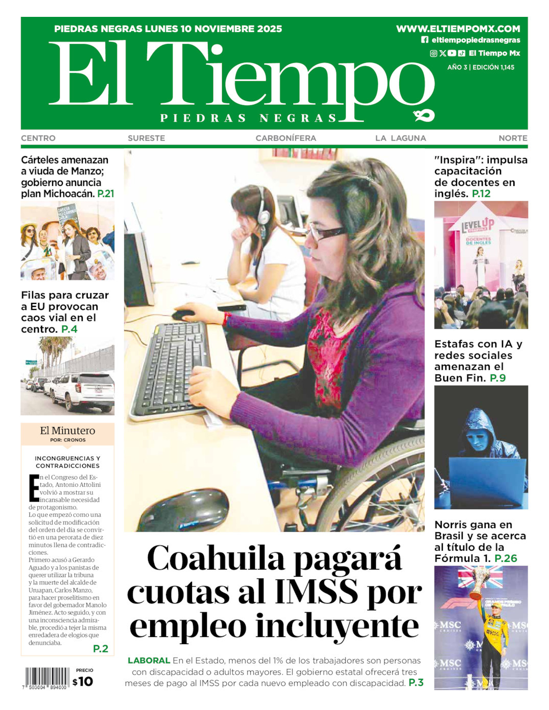 El Tiempo Piedras Negras, edición del lunes 10 de noviembre de 2025