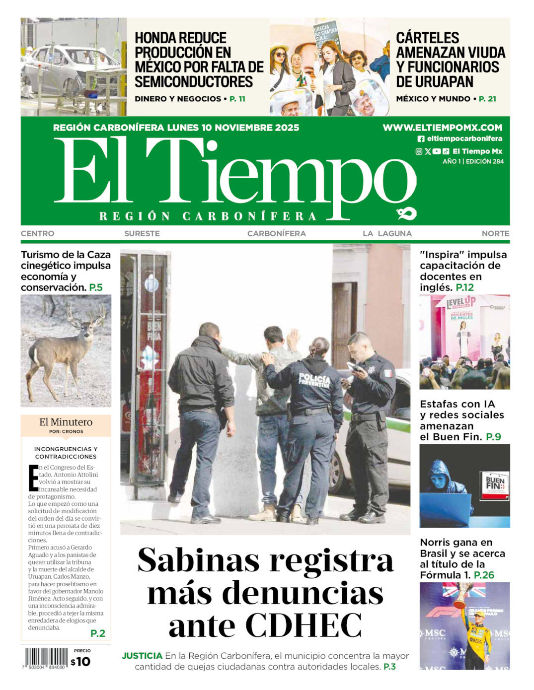 El Tiempo Región Carbonífera, edición del lunes 10 de noviembre de 2025