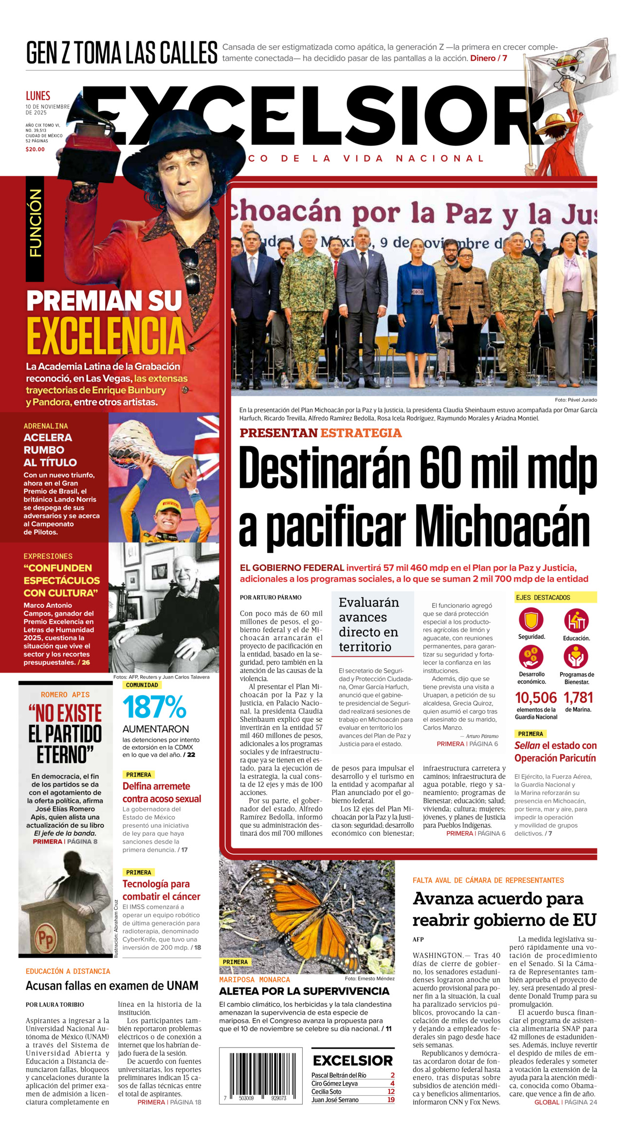 Excelsior, edición del lunes 10 de noviembre de 2025
