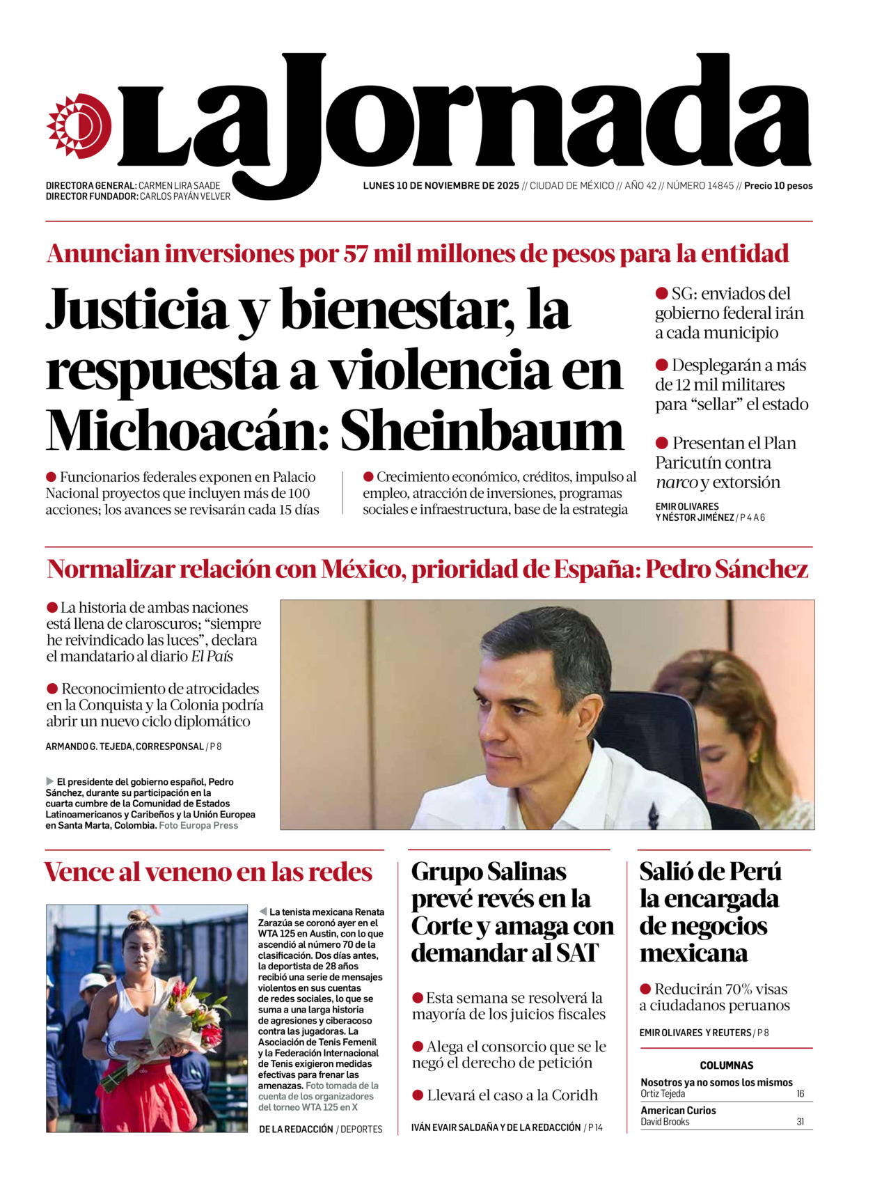 La Jornada, edición del lunes 10 de noviembre de 2025
