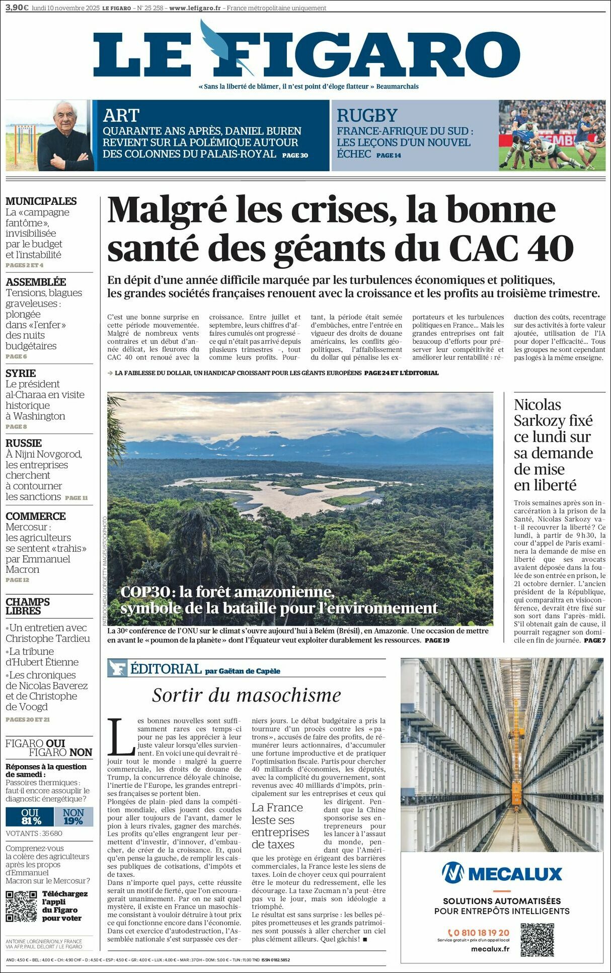 Le Figaro, edición del lunes 10 de noviembre de 2025