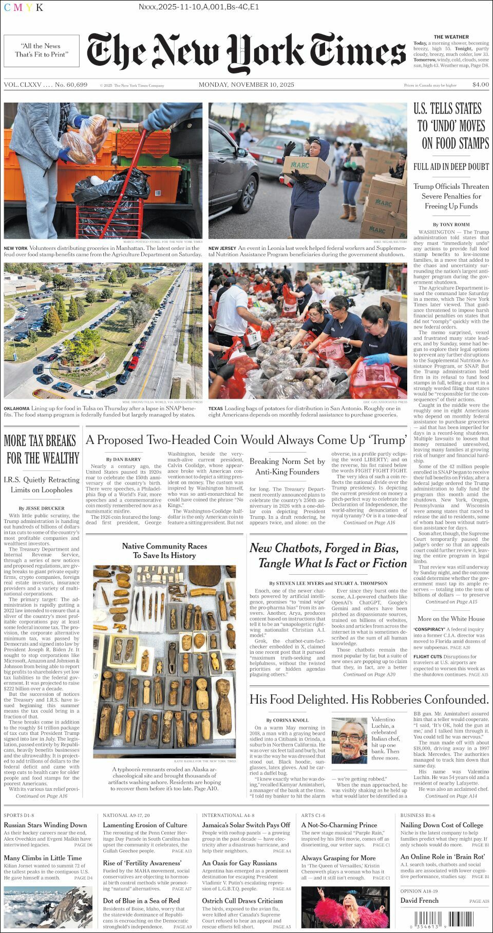 The New York Times, edición del lunes 10 de noviembre de 2025