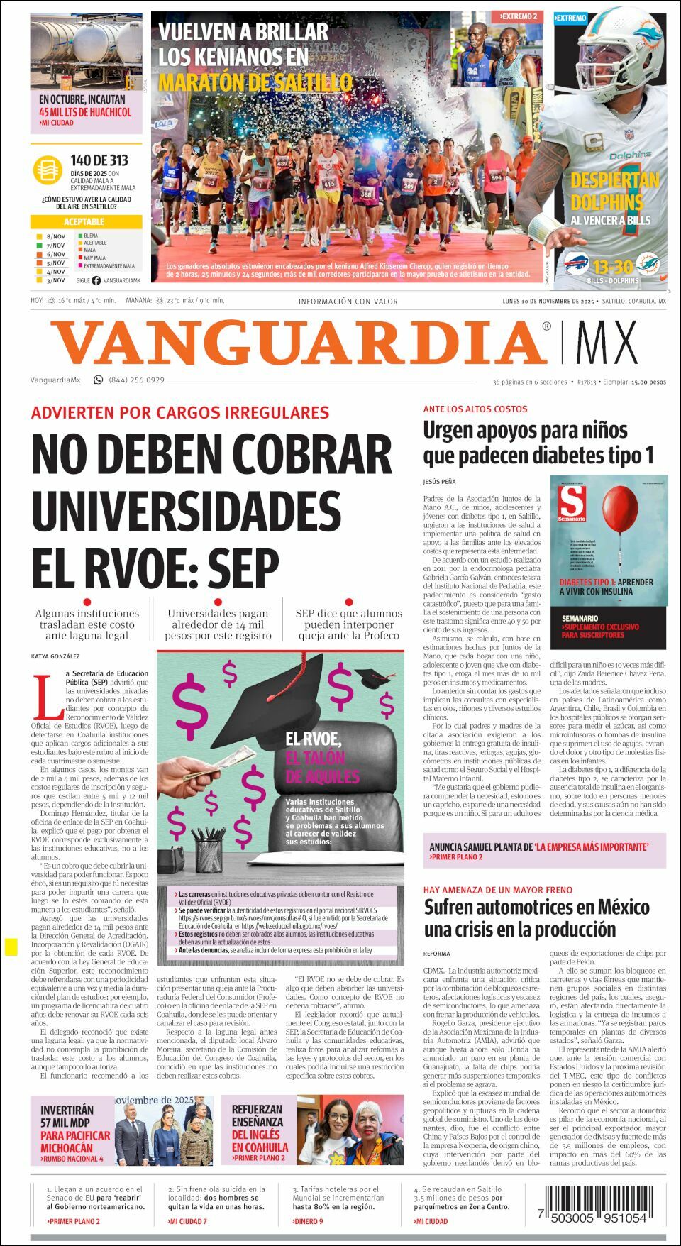 Vanguardia, edición del lunes 10 de noviembre de 2025