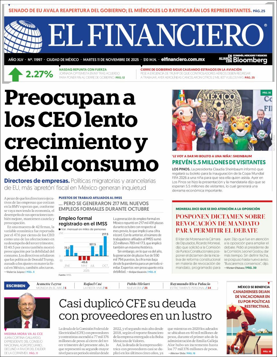 El Financiero, edición del martes 11 de noviembre de 2025