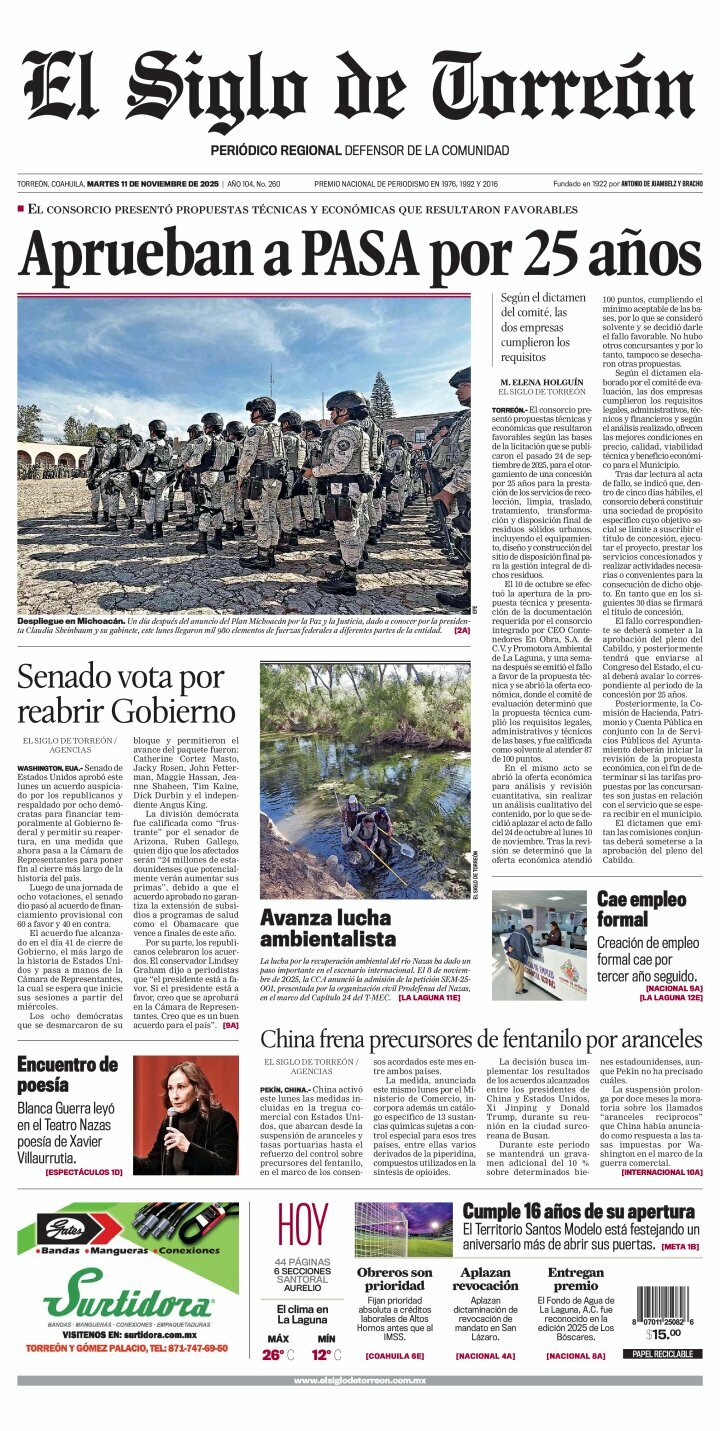 El Siglo de Torreón, edición del martes 11 de noviembre de 2025