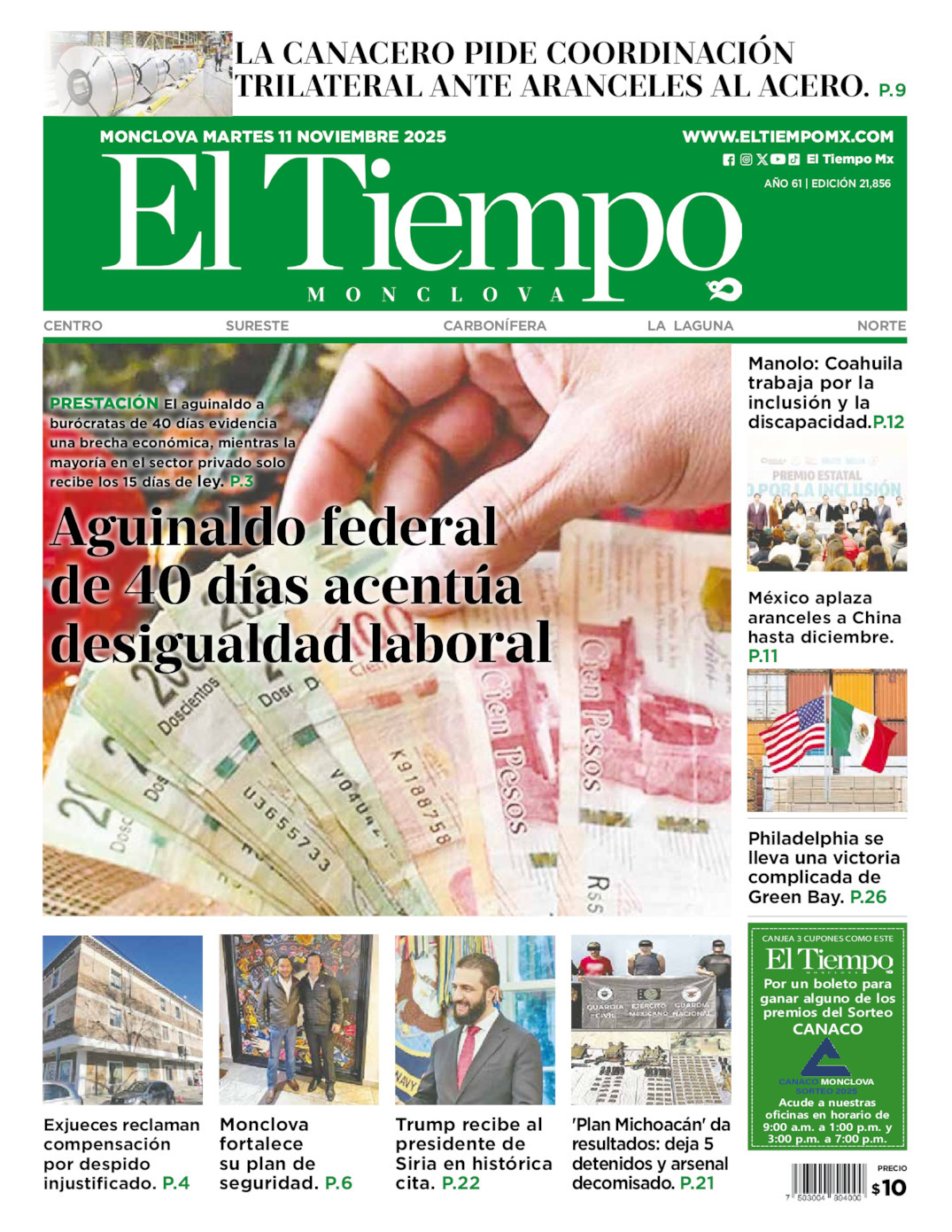 El Tiempo Monclova, edición del martes 11 de noviembre de 2025