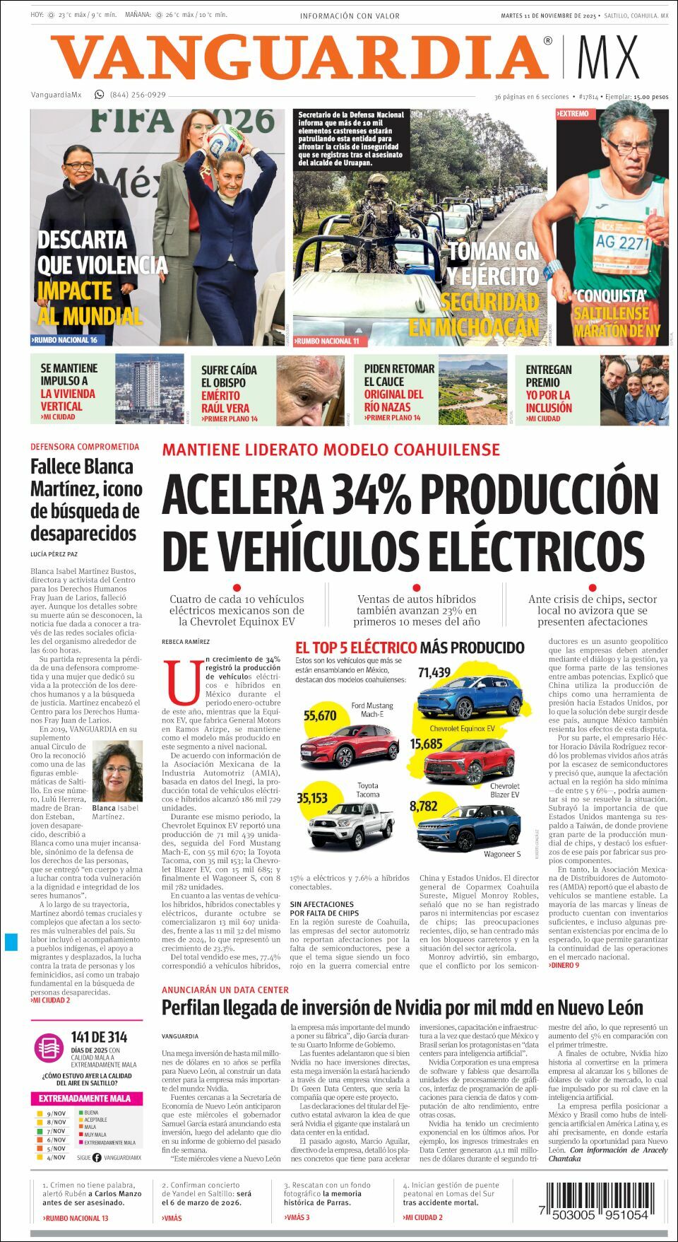 Vanguardia, edición del martes 11 de noviembre de 2025