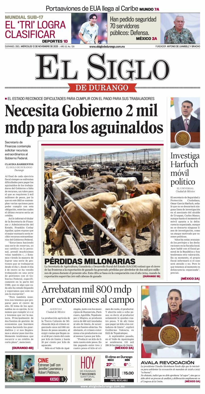 El Siglo de Durango, edición del miércoles 12 de noviembre de 2025