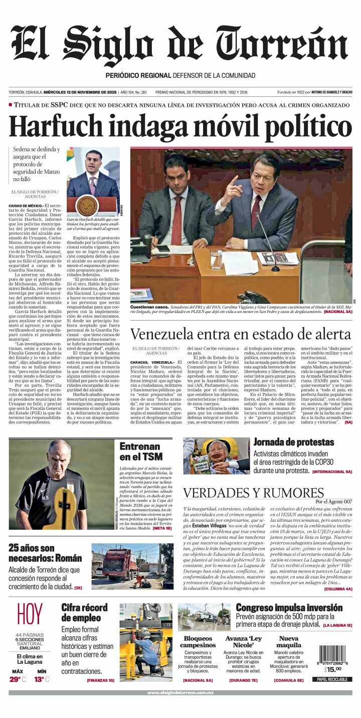 El Siglo de Torreón, edición del miércoles 12 de noviembre de 2025