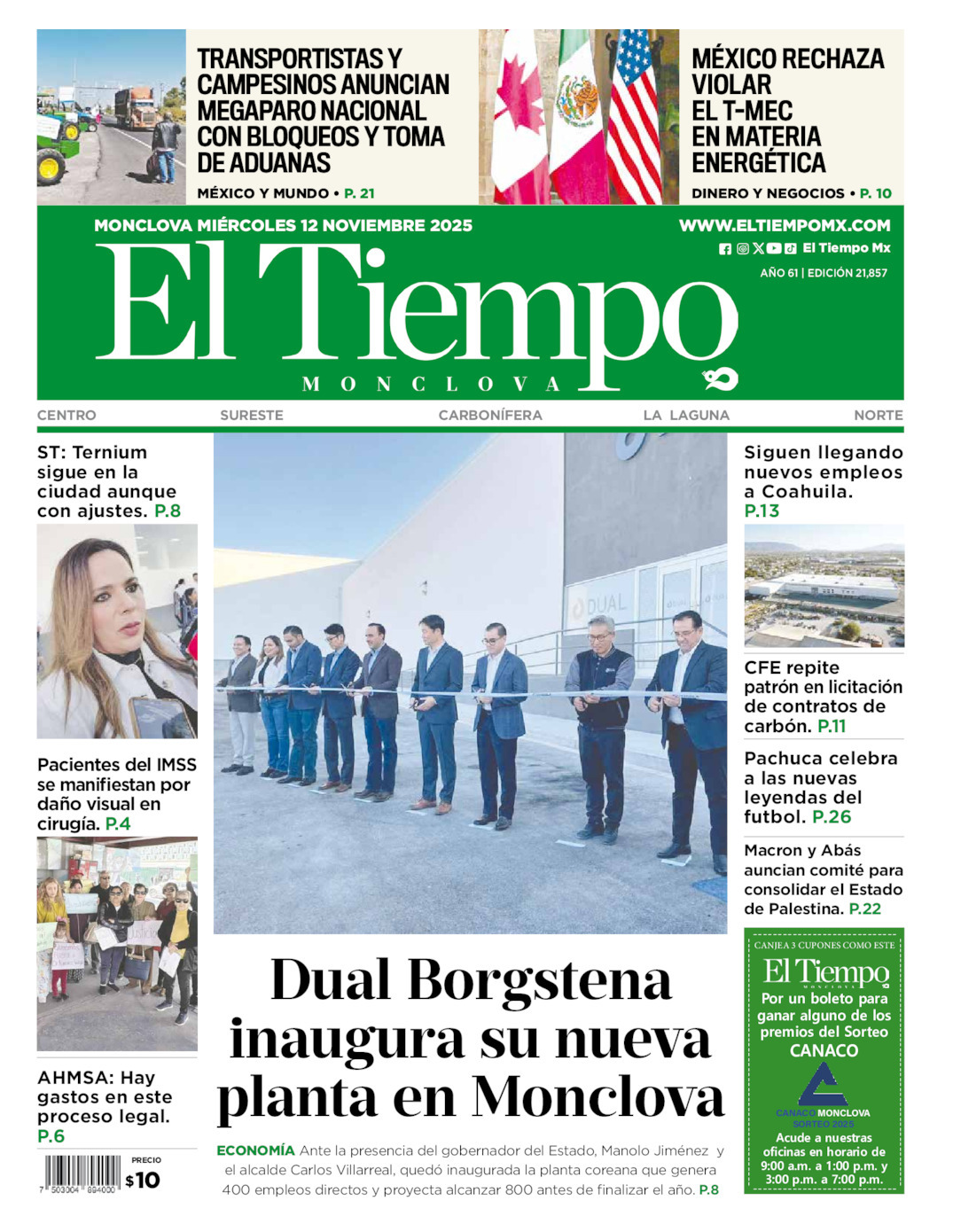 El Tiempo Monclova, edición del miércoles 12 de noviembre de 2025