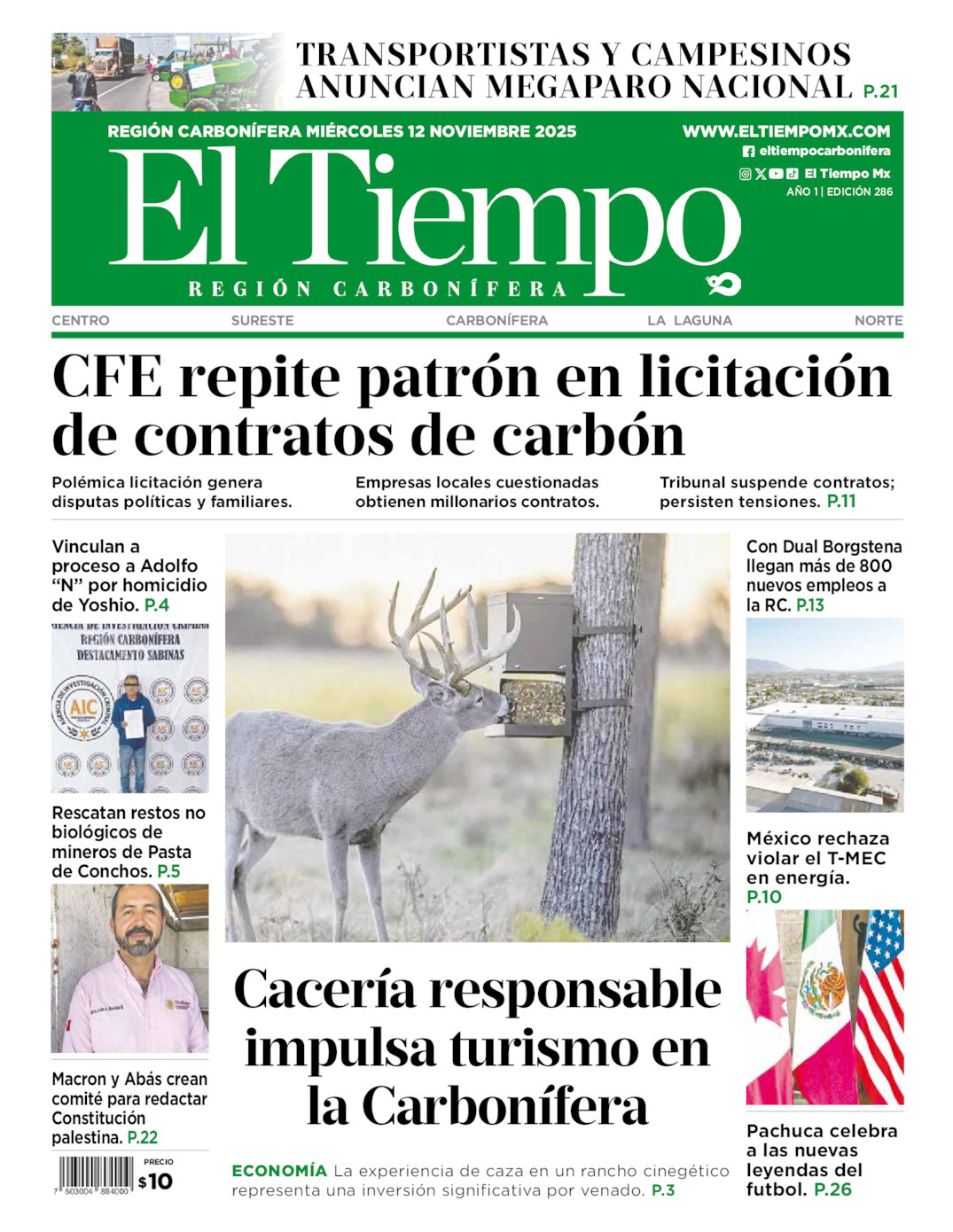El Tiempo Región Carbonífera, edición del miércoles 12 de noviembre de 2025