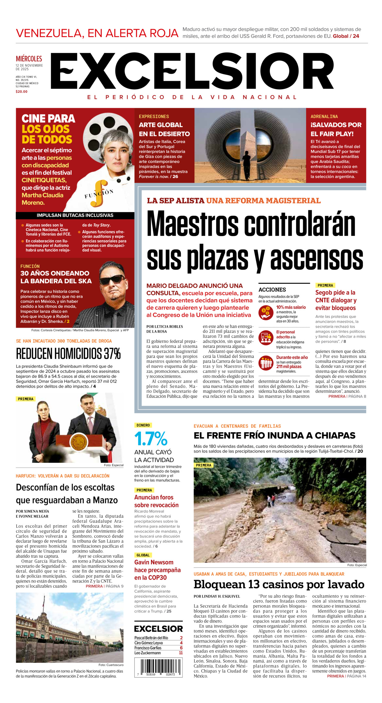 Excelsior, edición del miércoles 12 de noviembre de 2025