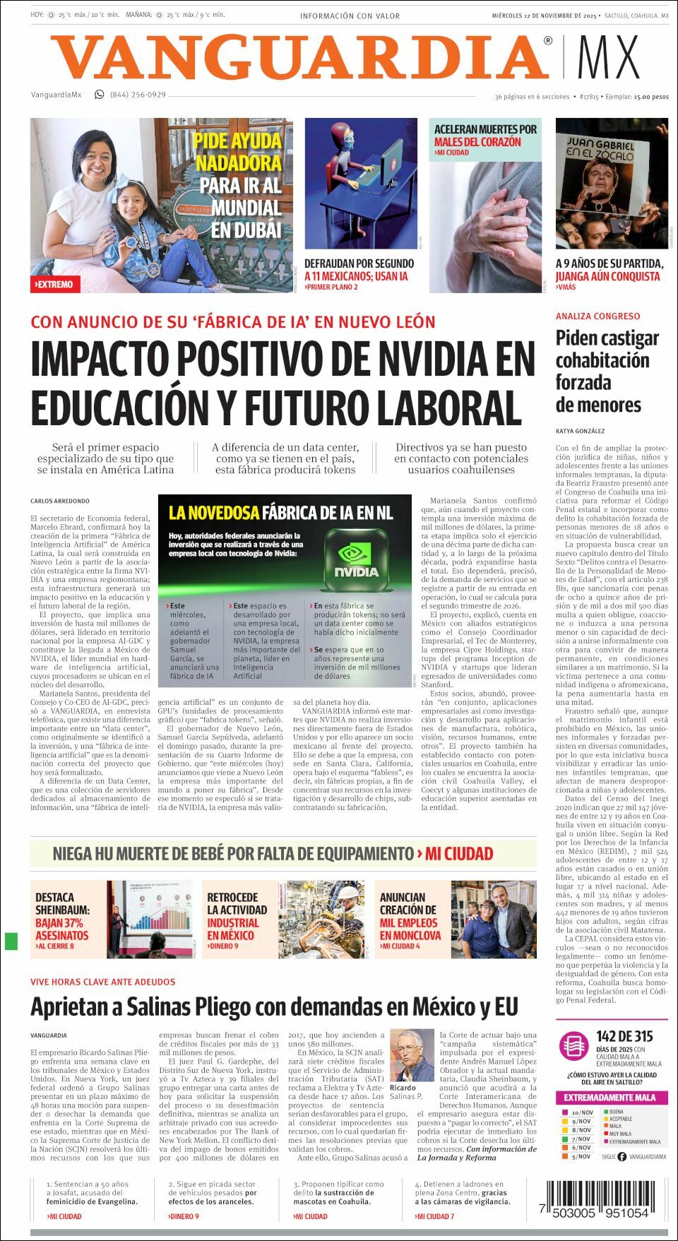 Vanguardia, edición del miércoles 12 de noviembre de 2025