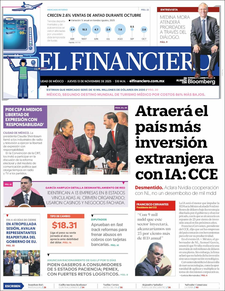 El Financiero, edición del jueves 13 de noviembre de 2025