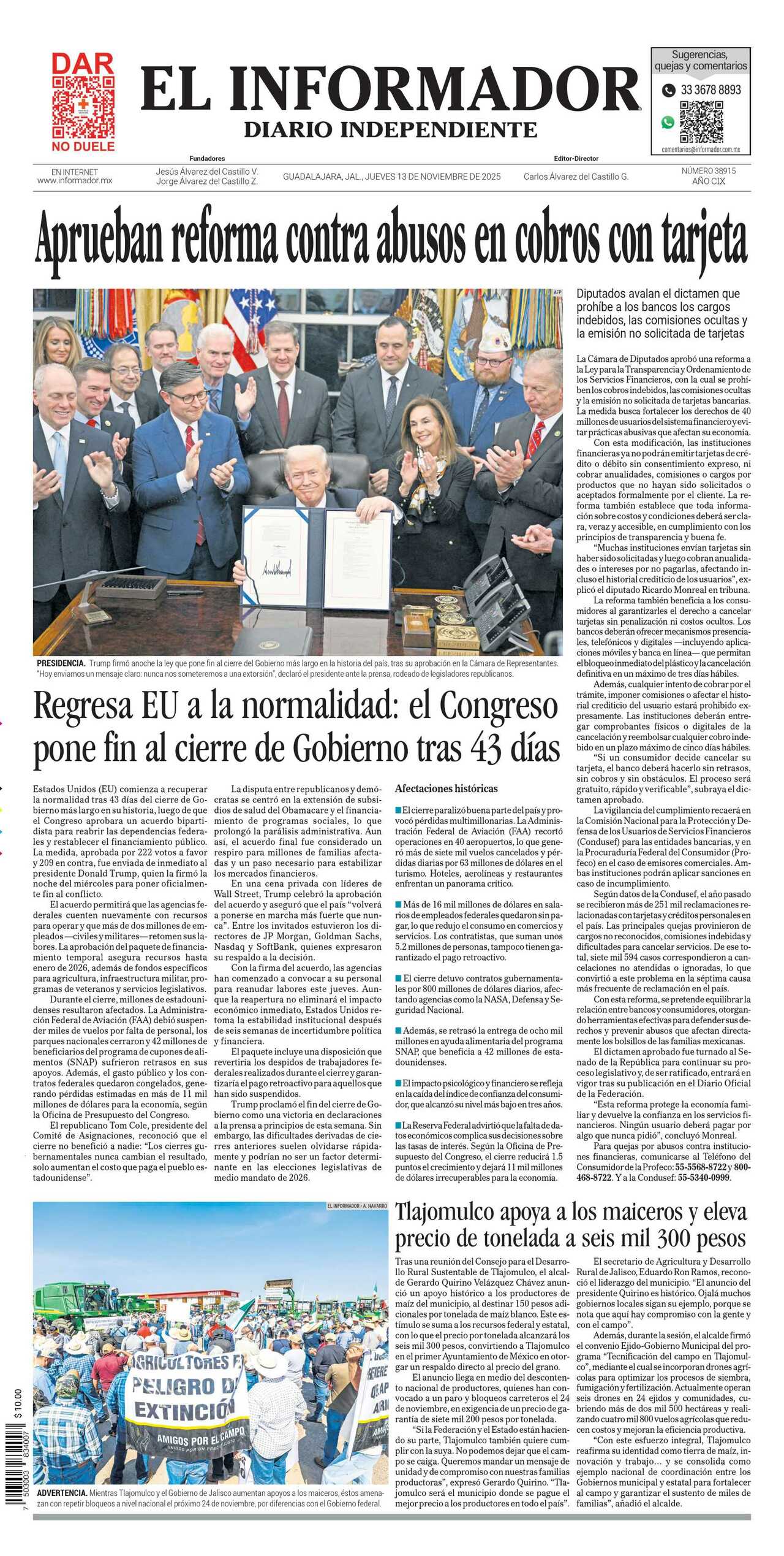 El Informador, edición del jueves 13 de noviembre de 2025