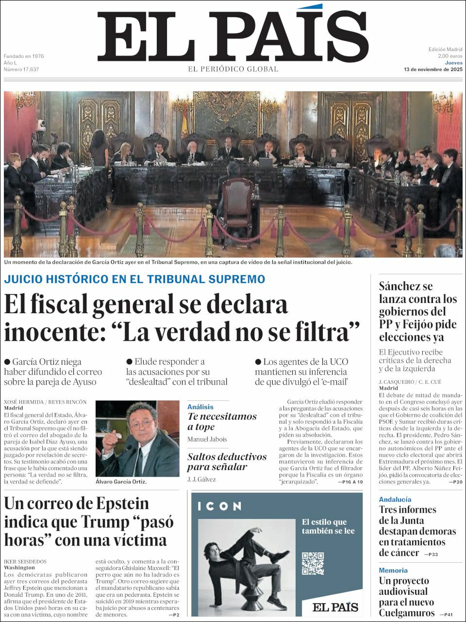 El País, edición del jueves 13 de noviembre de 2025