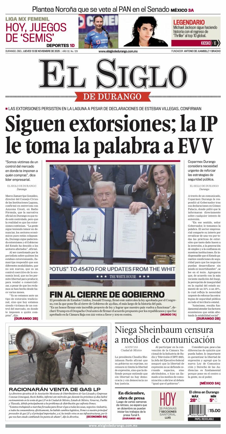 El Siglo de Durango, edición del jueves 13 de noviembre de 2025