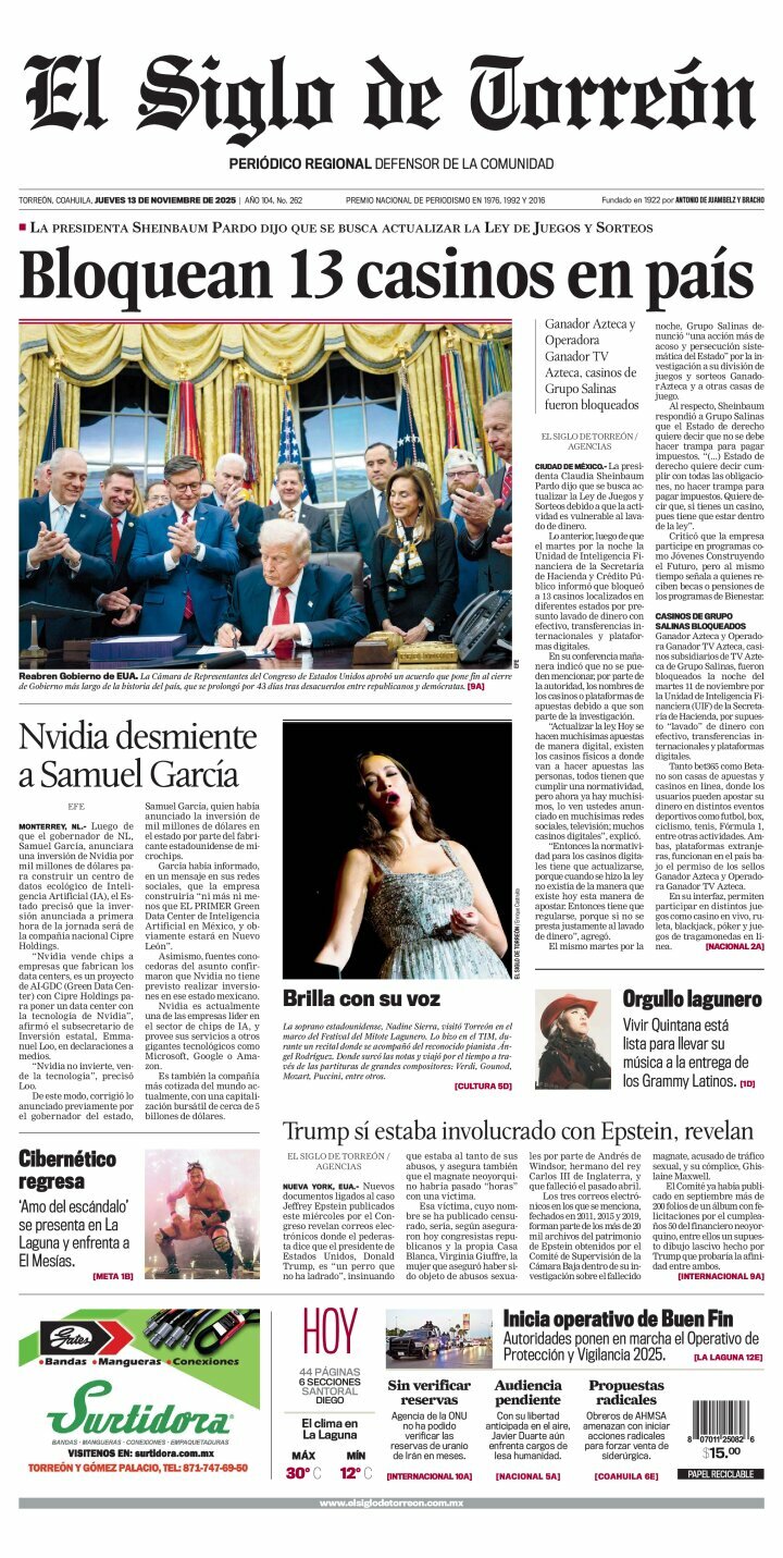 El Siglo de Torreón, edición del jueves 13 de noviembre de 2025