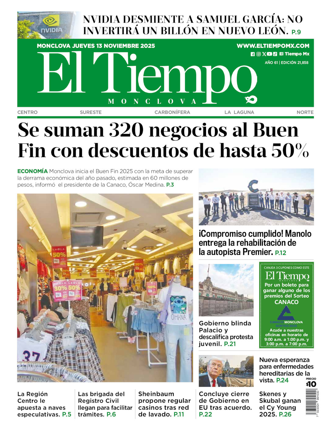 El Tiempo Monclova, edición del jueves 13 de noviembre de 2025