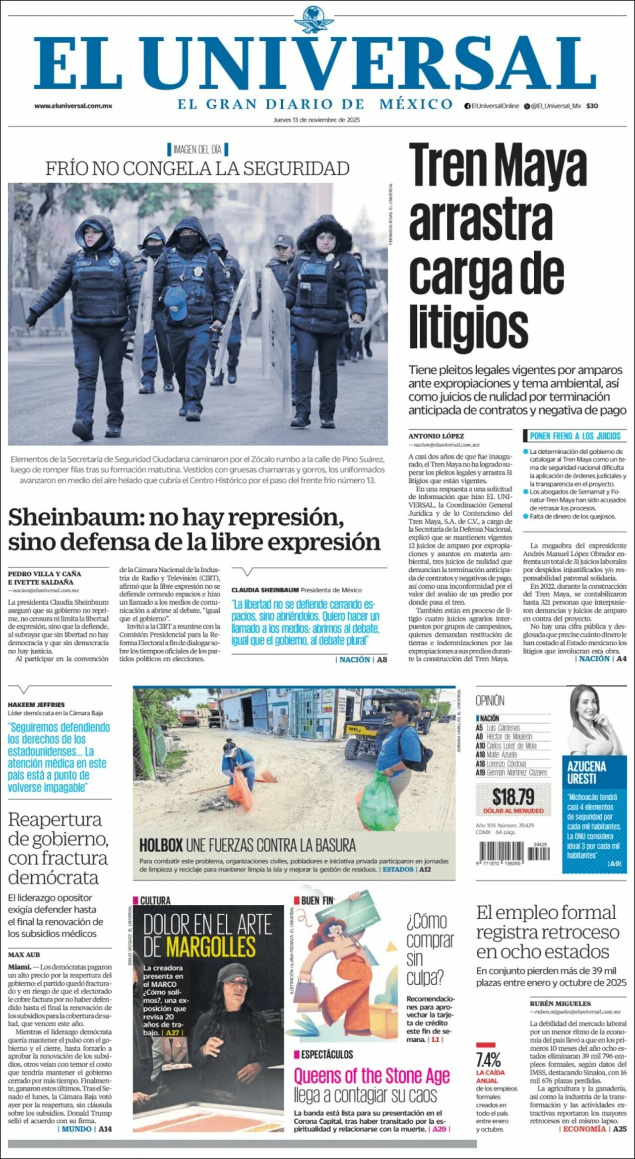 El Universal, edición del jueves 13 de noviembre de 2025