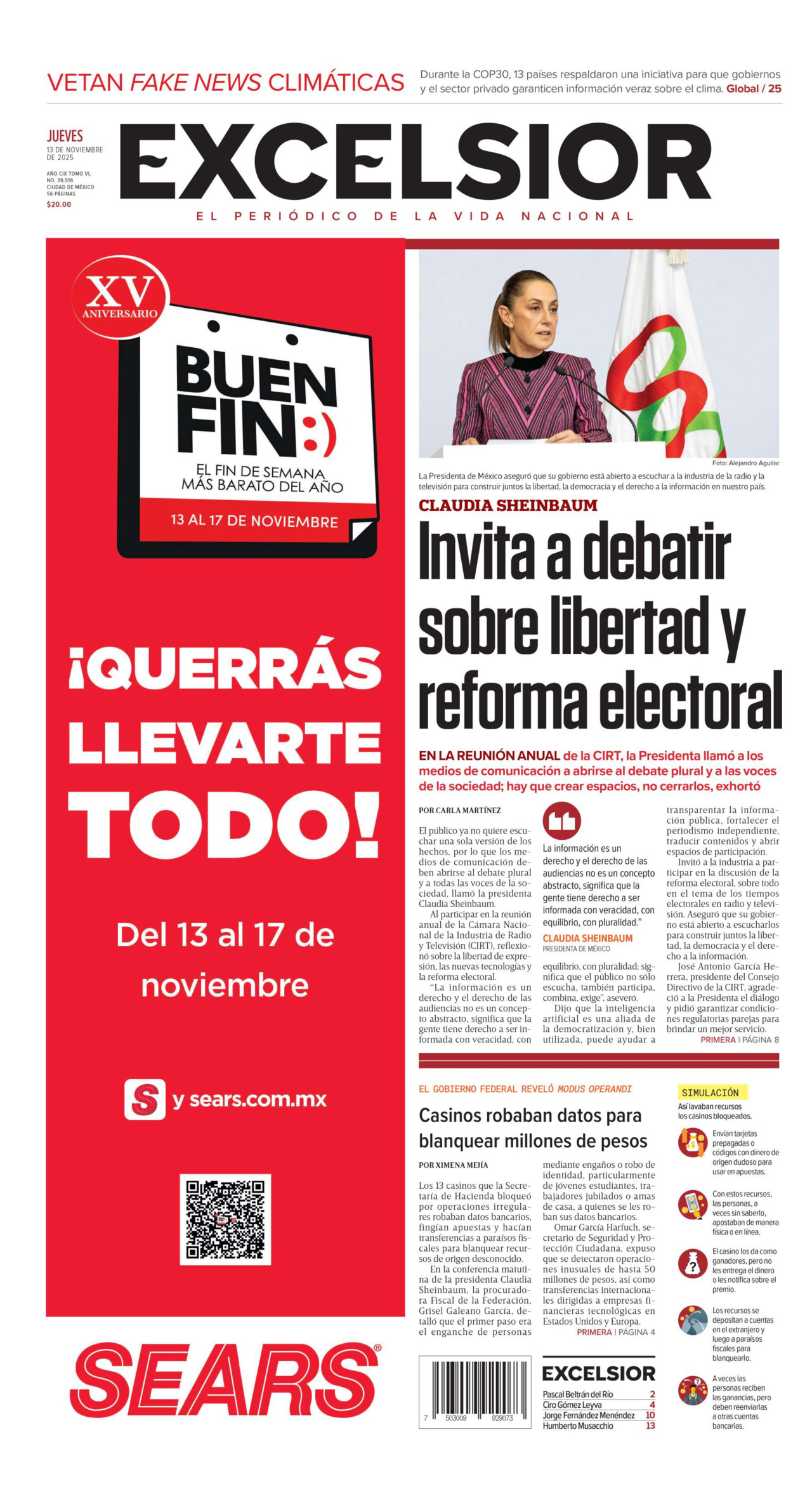 Excelsior, edición del jueves 13 de noviembre de 2025