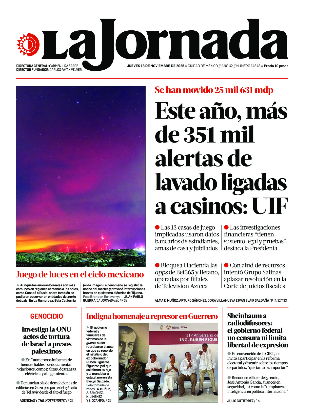 La Jornada, edición del jueves 13 de noviembre de 2025