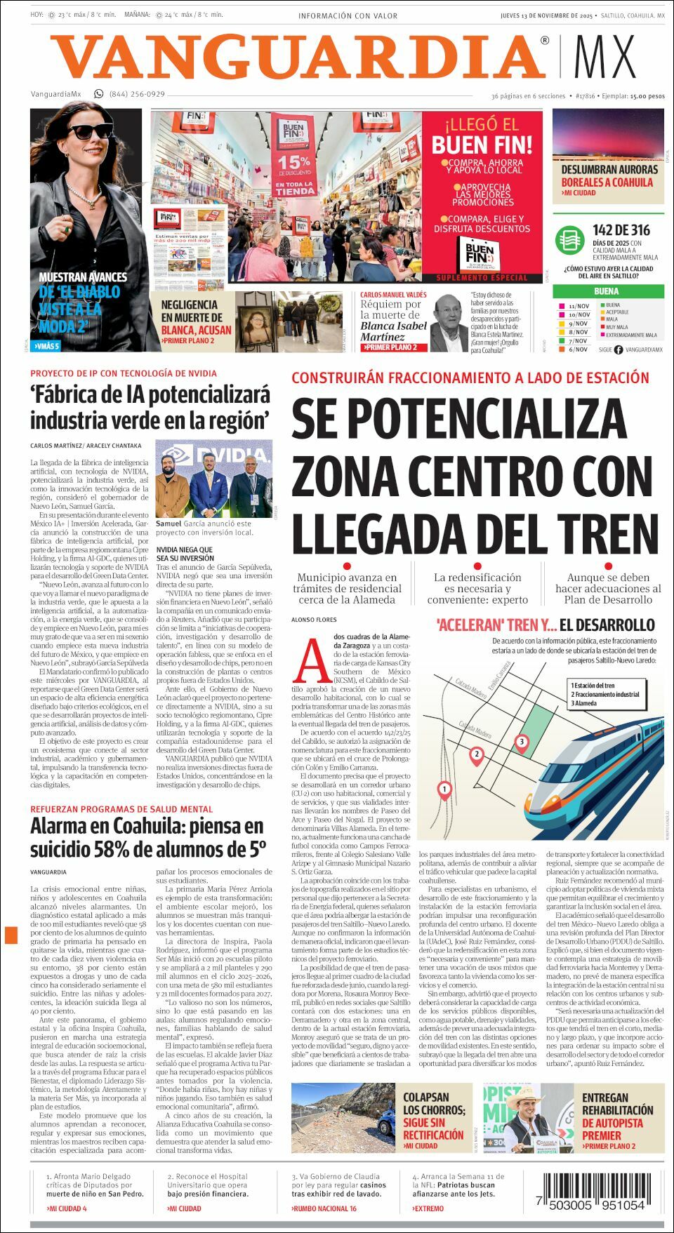 Vanguardia, edición del jueves 13 de noviembre de 2025