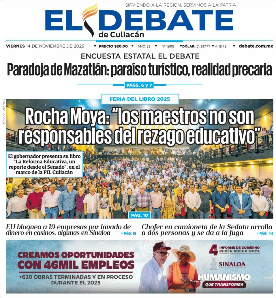 El Debate Culiacán, edición del viernes 14 de noviembre de 2025