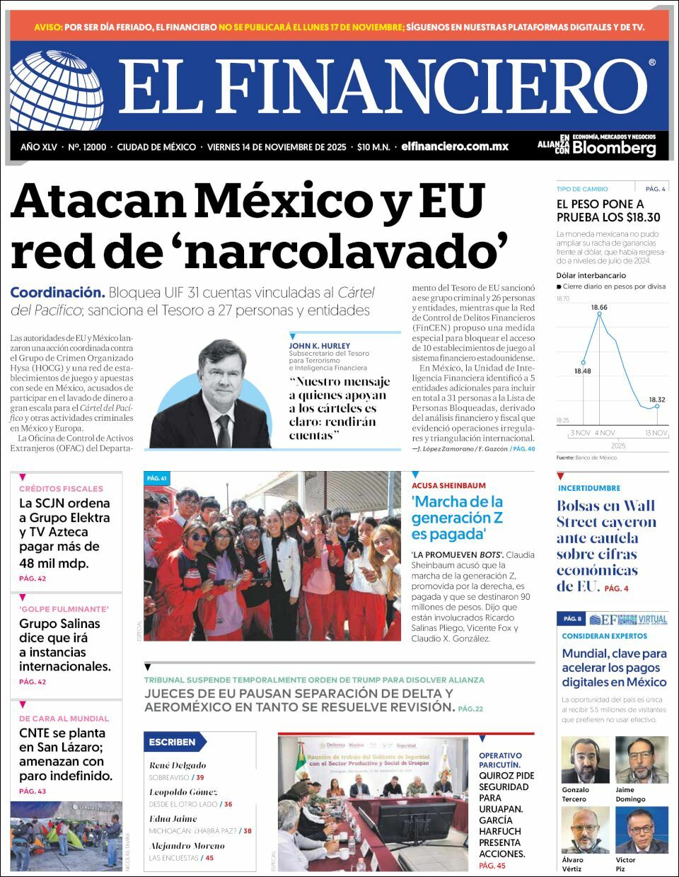 El Financiero, edición del viernes 14 de noviembre de 2025