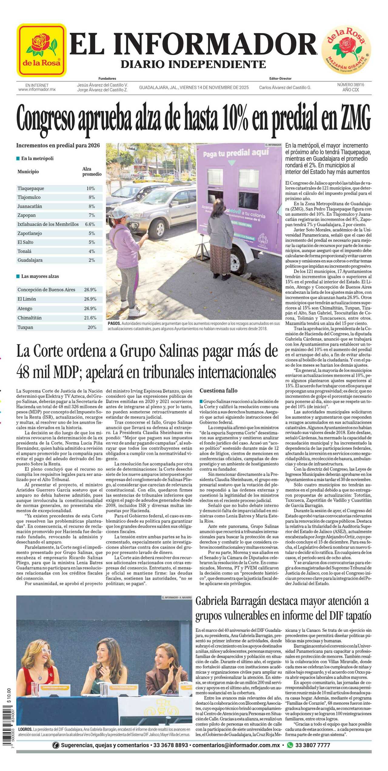 El Informador, edición del viernes 14 de noviembre de 2025