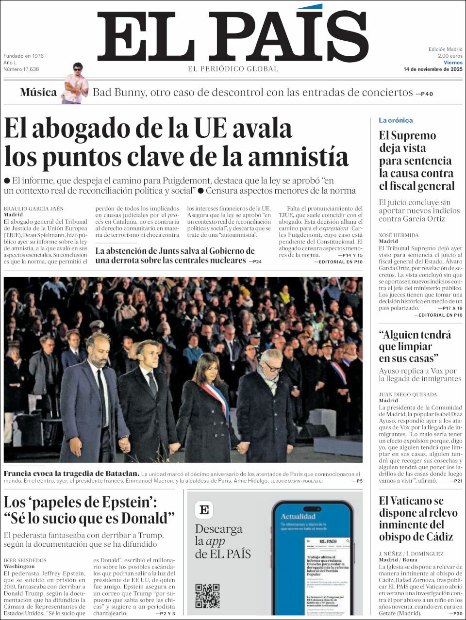 El País, edición del viernes 14 de noviembre de 2025