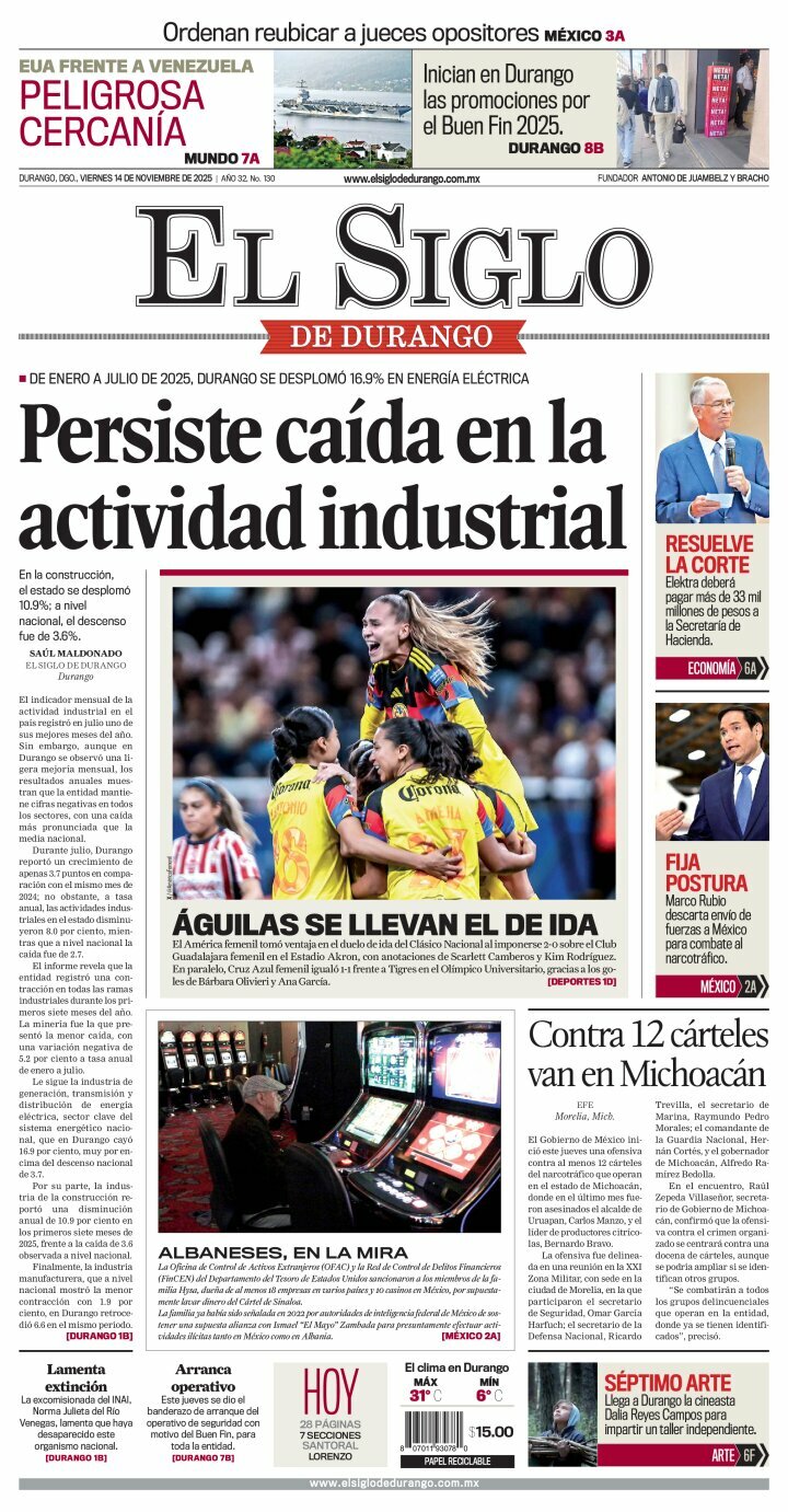El Siglo de Durango, edición del viernes 14 de noviembre de 2025