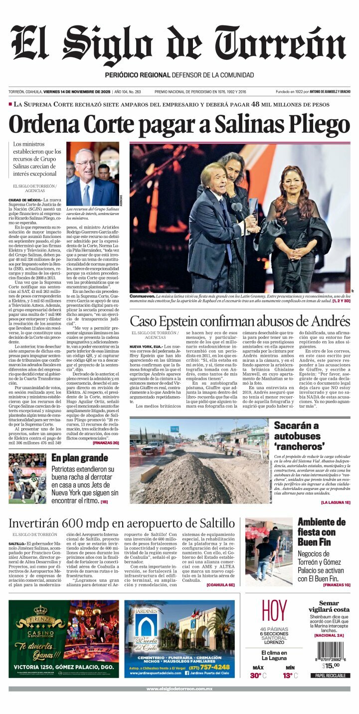 El Siglo de Torreón, edición del viernes 14 de noviembre de 2025