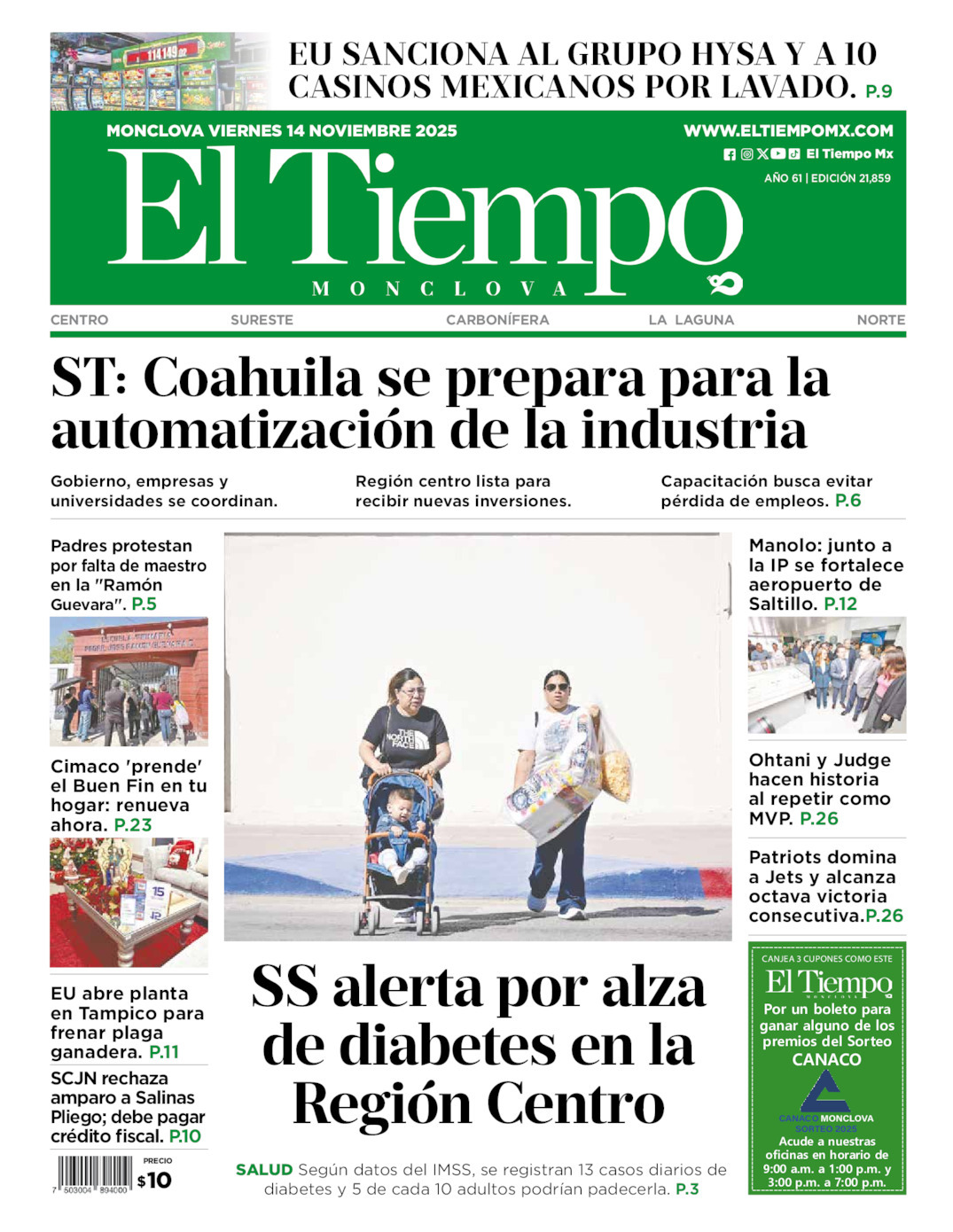 El Tiempo Monclova, edición del viernes 14 de noviembre de 2025
