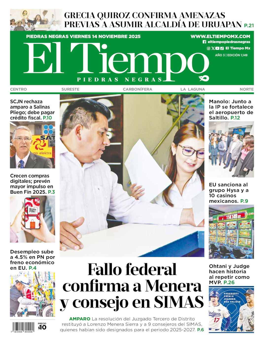 El Tiempo Piedras Negras, edición del viernes 14 de noviembre de 2025