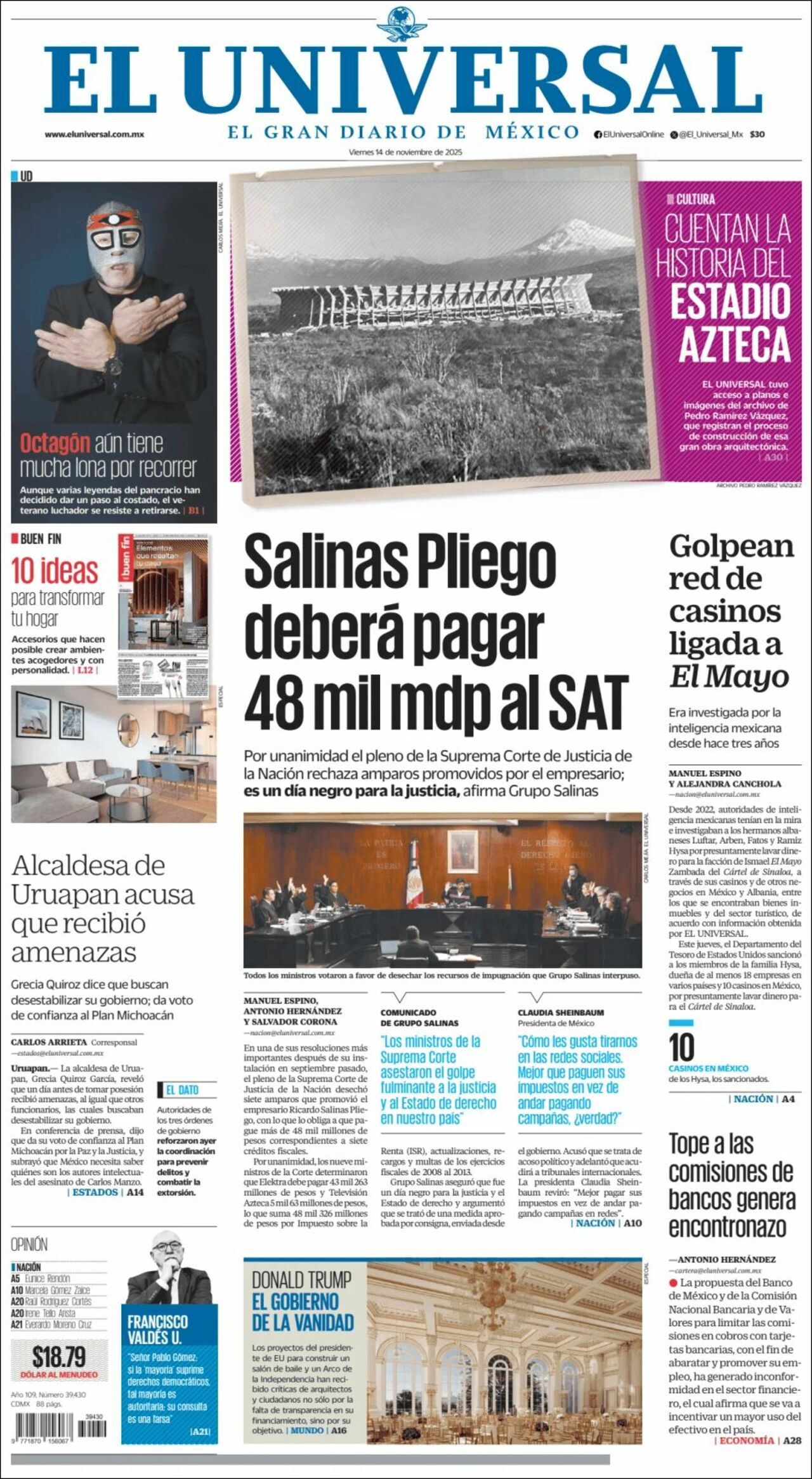 El Universal, edición del viernes 14 de noviembre de 2025