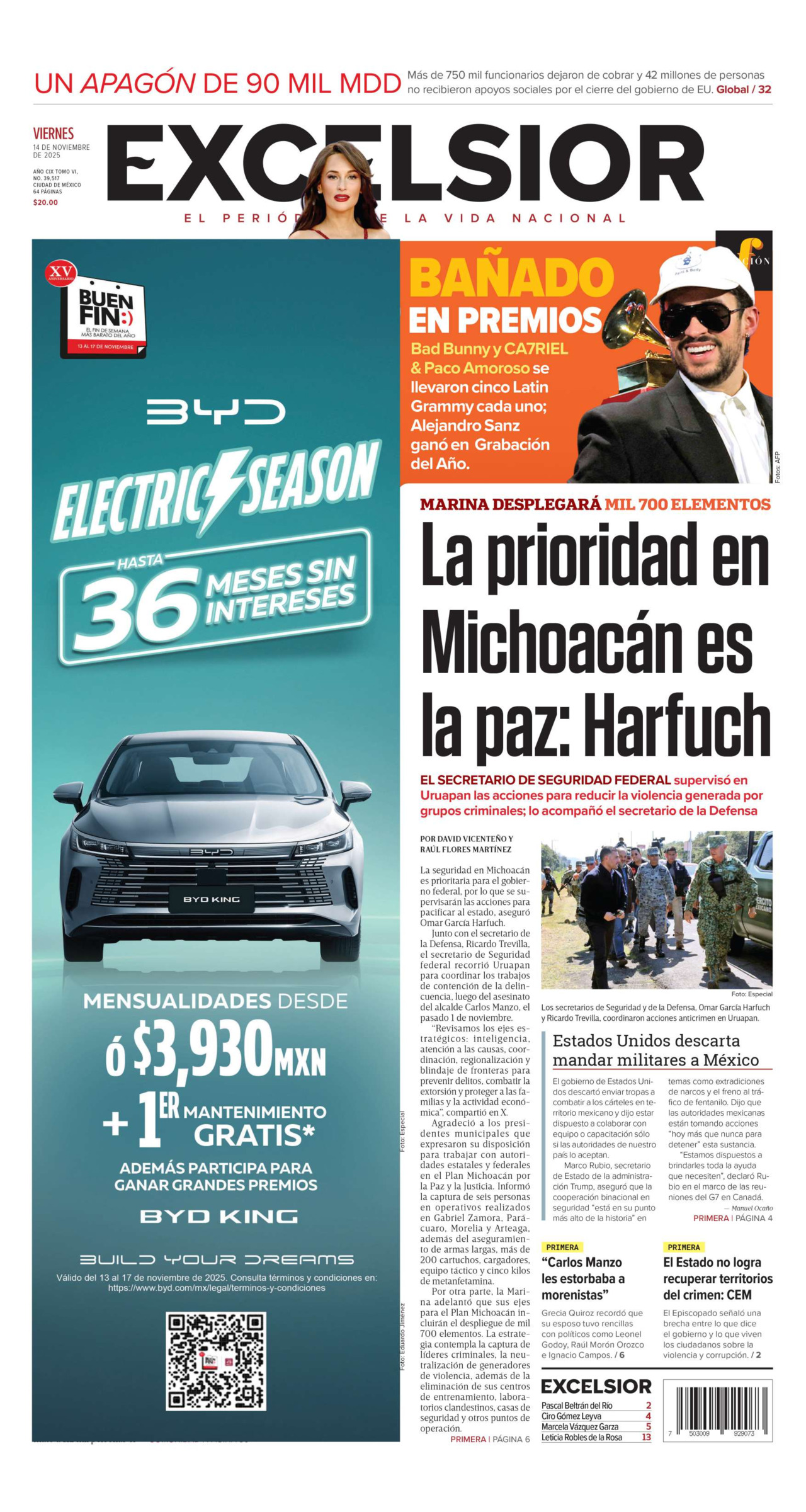 Excelsior, edición del viernes 14 de noviembre de 2025