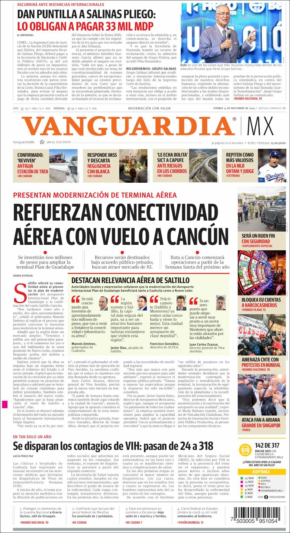 Vanguardia, edición del viernes 14 de noviembre de 2025