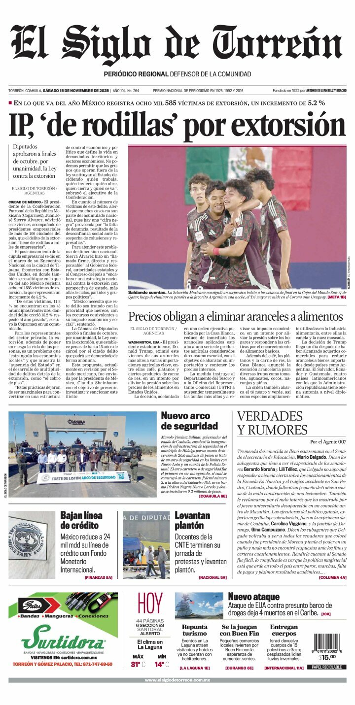 El Siglo de Torreón, edición del sábado 15 de noviembre de 2025