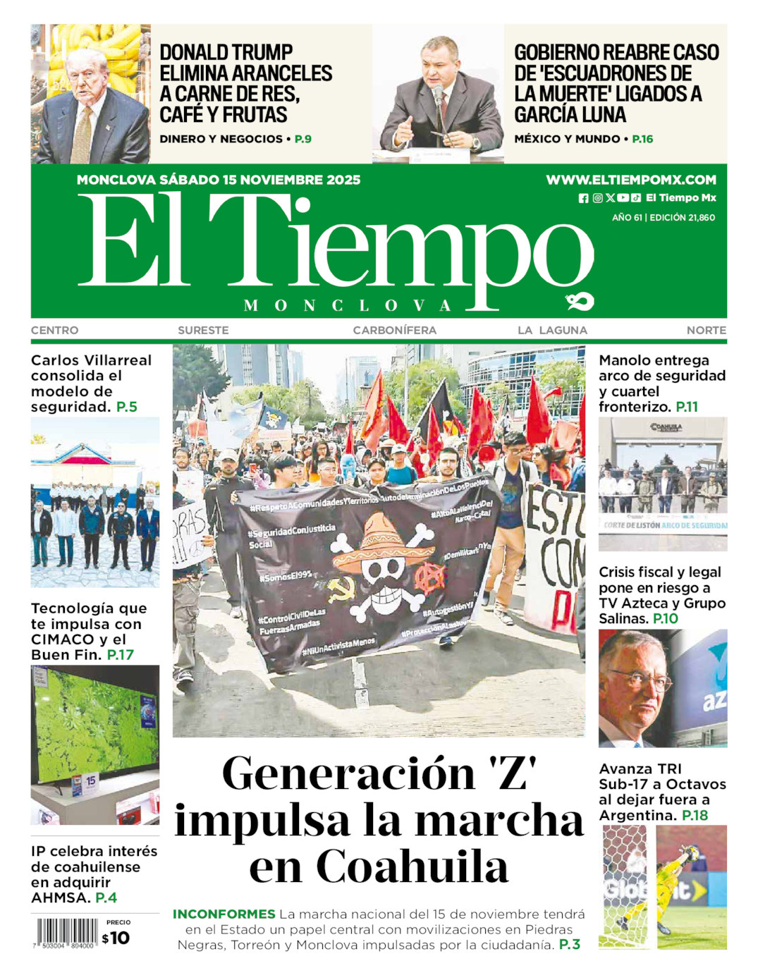 El Tiempo Monclova, edición del sábado 15 de noviembre de 2025