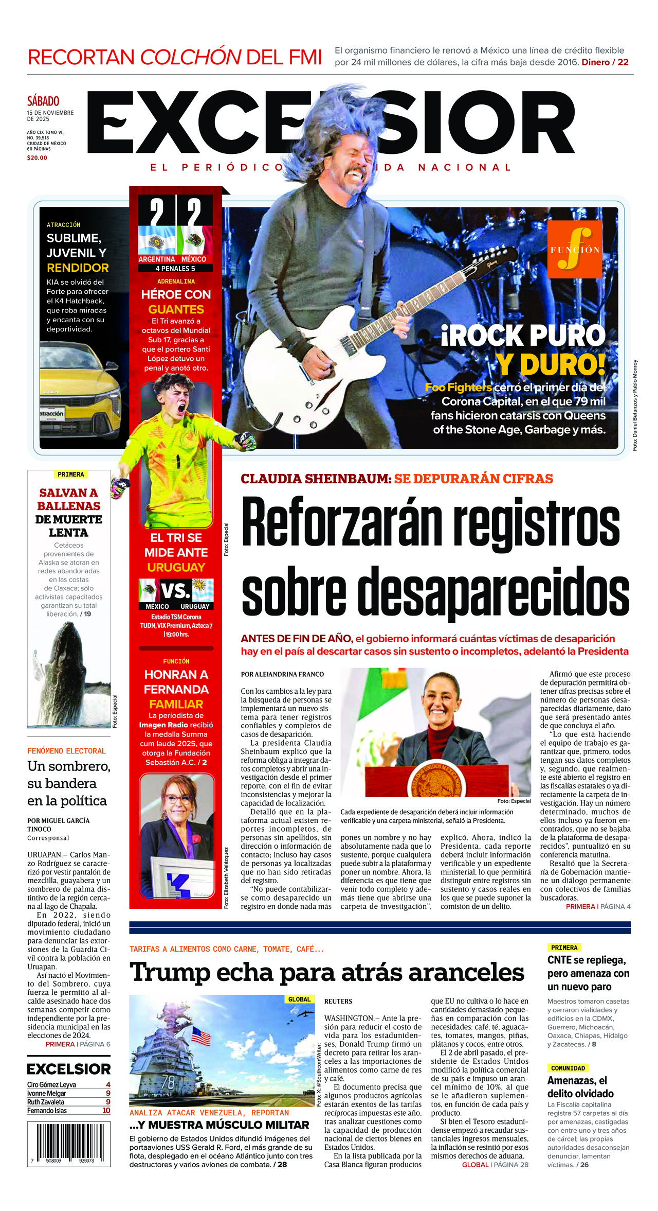 Excelsior, edición del sábado 15 de noviembre de 2025